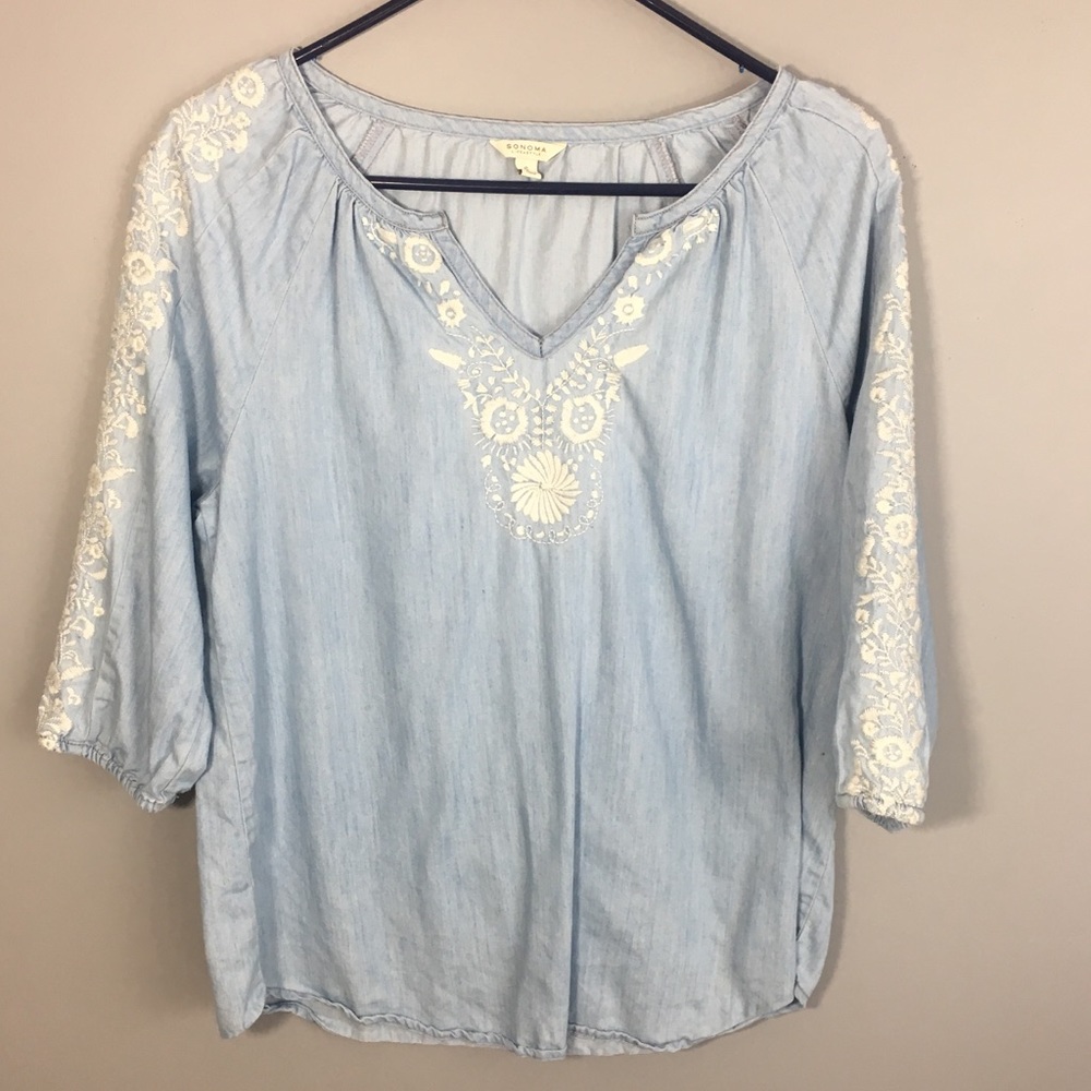 Sonoma Chambray Blue Embroidered Floral Blouse S